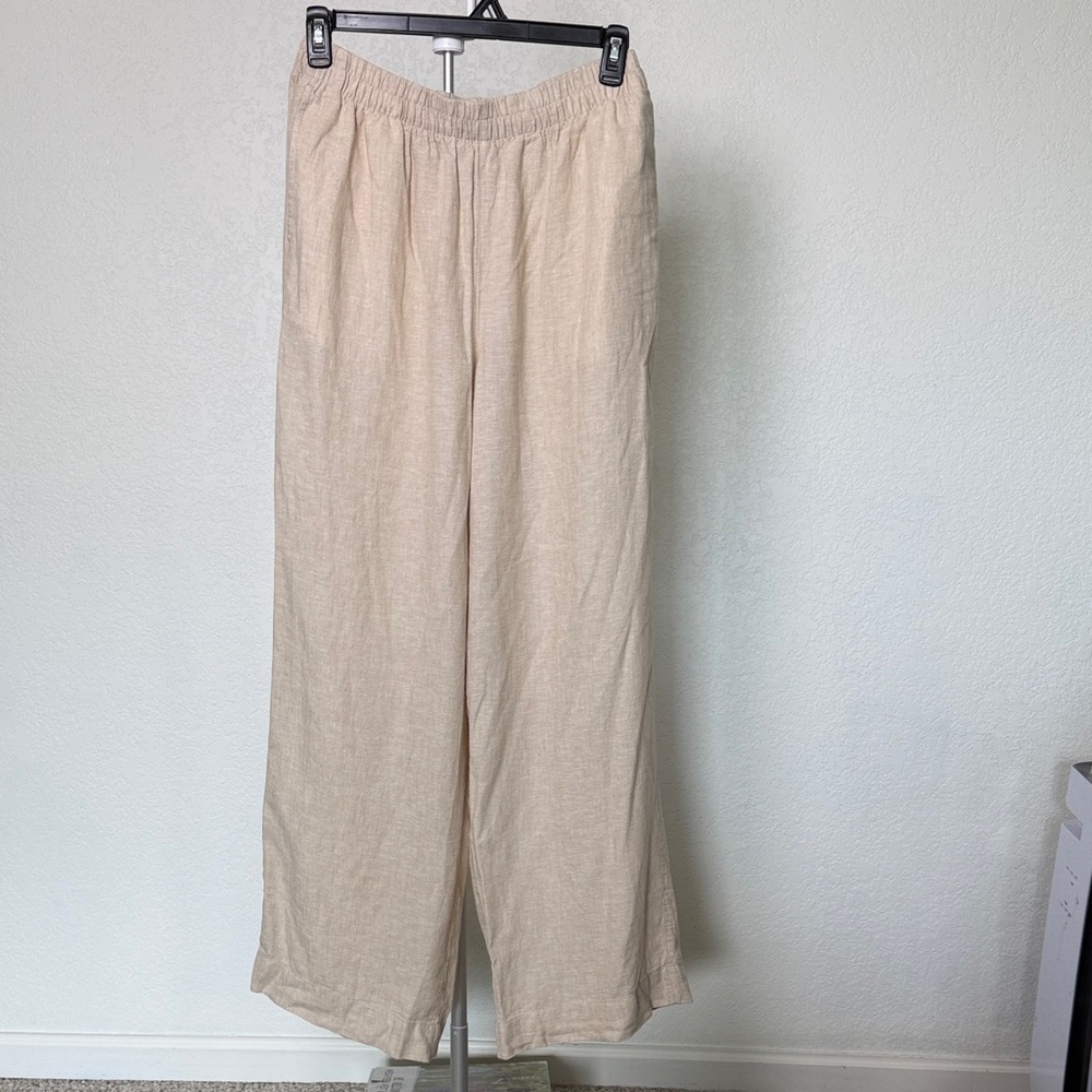 Neutral Beige LinenWide-Leg Women’s Pants - Casual Elastic High Waist